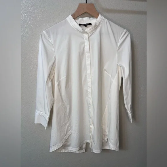 Lafayette 148 White Mandarin Collar Button Down Tunic Shirt - Picture 2 of 8